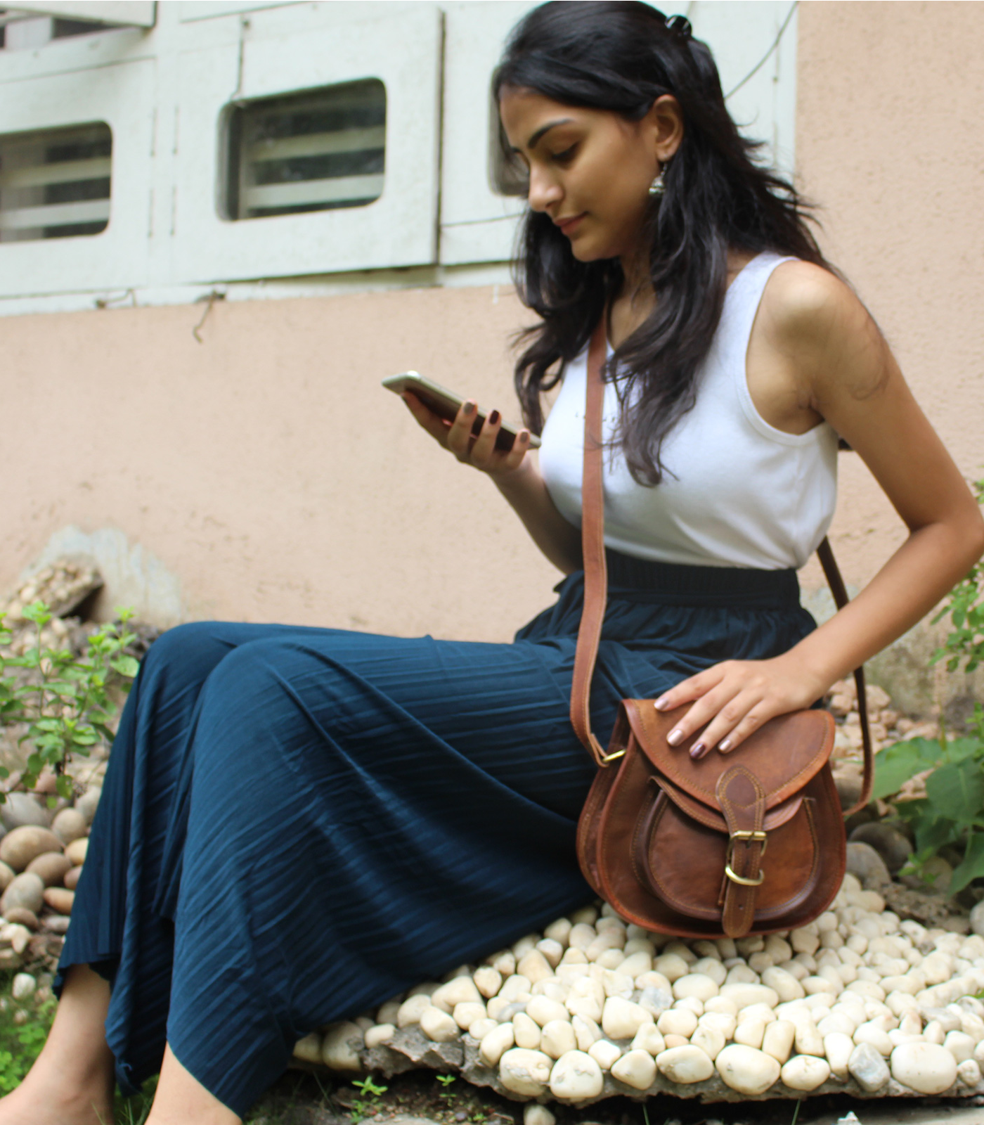 Genuine Leather Womens Sling Cross body Purse Saddle Brown Bag